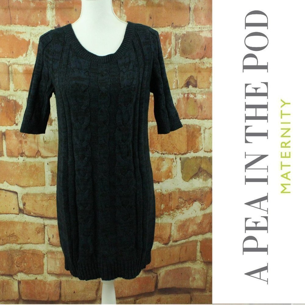 A PEA IN THE POD Maternity Sweater Dress Womens M Navy Blue Cable Knit Body Con